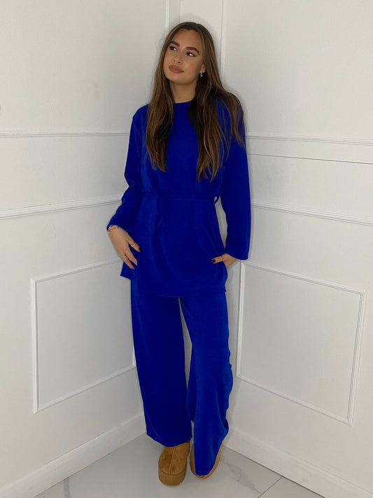 Belted Long Sleeve Top & Flares Set - Royal Blue