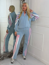 Stripe Block Contrast Detail Zip Up Tracksuit - Baby Blue