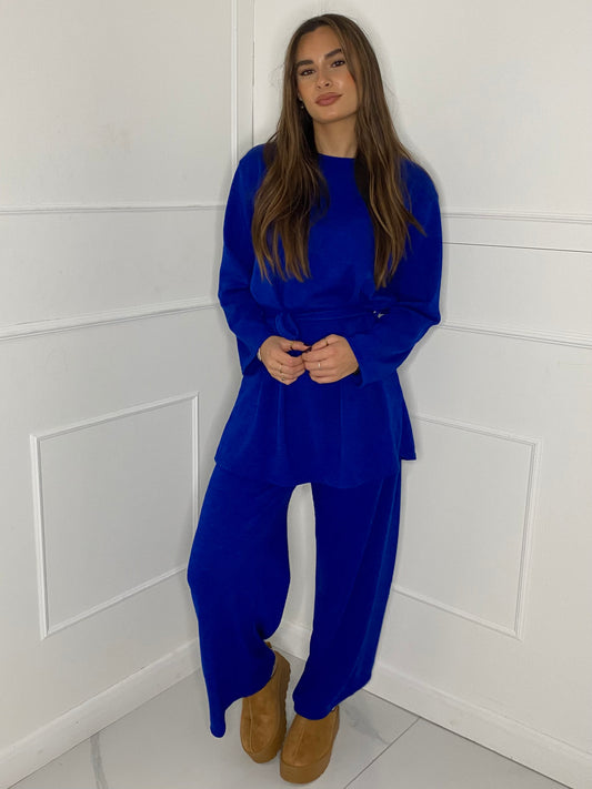 Belted Long Sleeve Top & Flares Set - Royal Blue