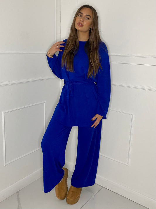 Belted Long Sleeve Top & Flares Set - Royal Blue