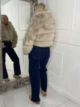 Hooded Faux Fur Tiered Jacket - Beige