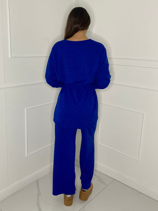 Belted Long Sleeve Top & Flares Set - Royal Blue