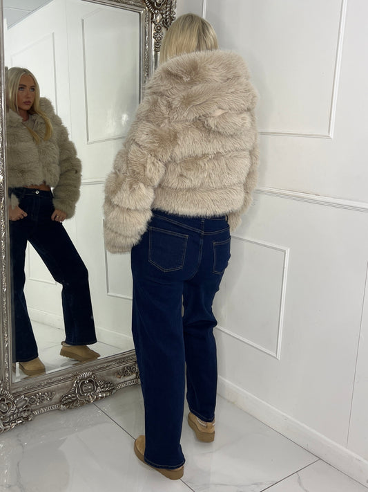 Hooded Faux Fur Jacket - Beige