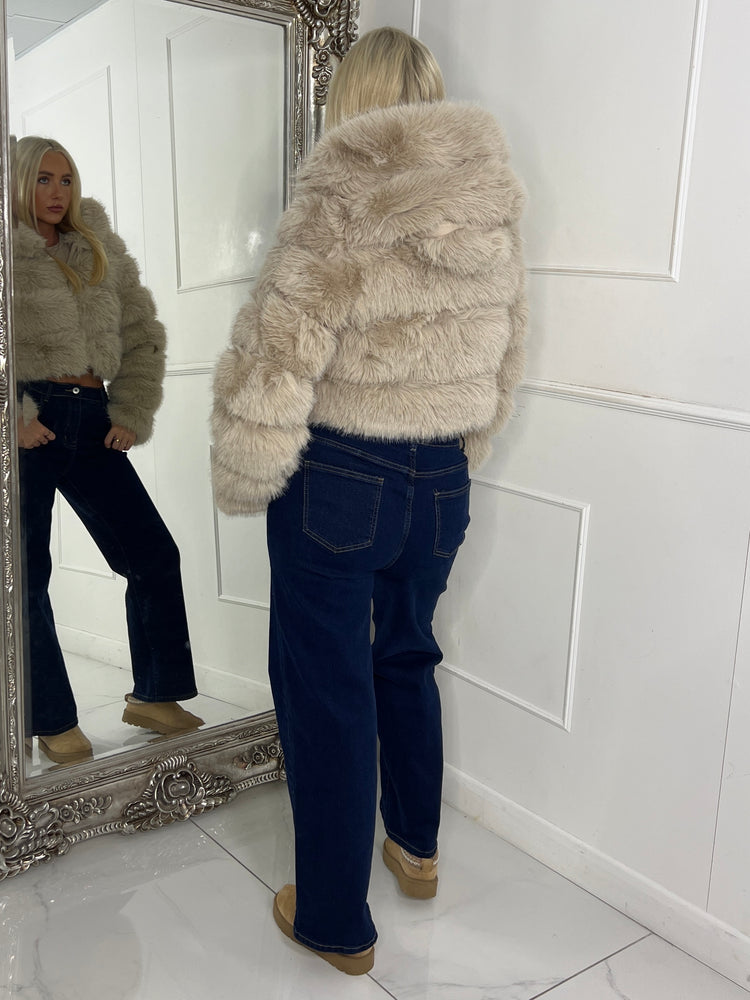 Hooded Faux Fur Tiered Jacket - Beige