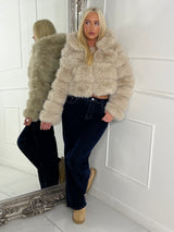 Hooded Faux Fur Tiered Jacket - Beige