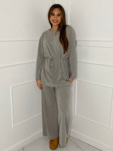 Belted Long Sleeve Top & Flares Set - Grey