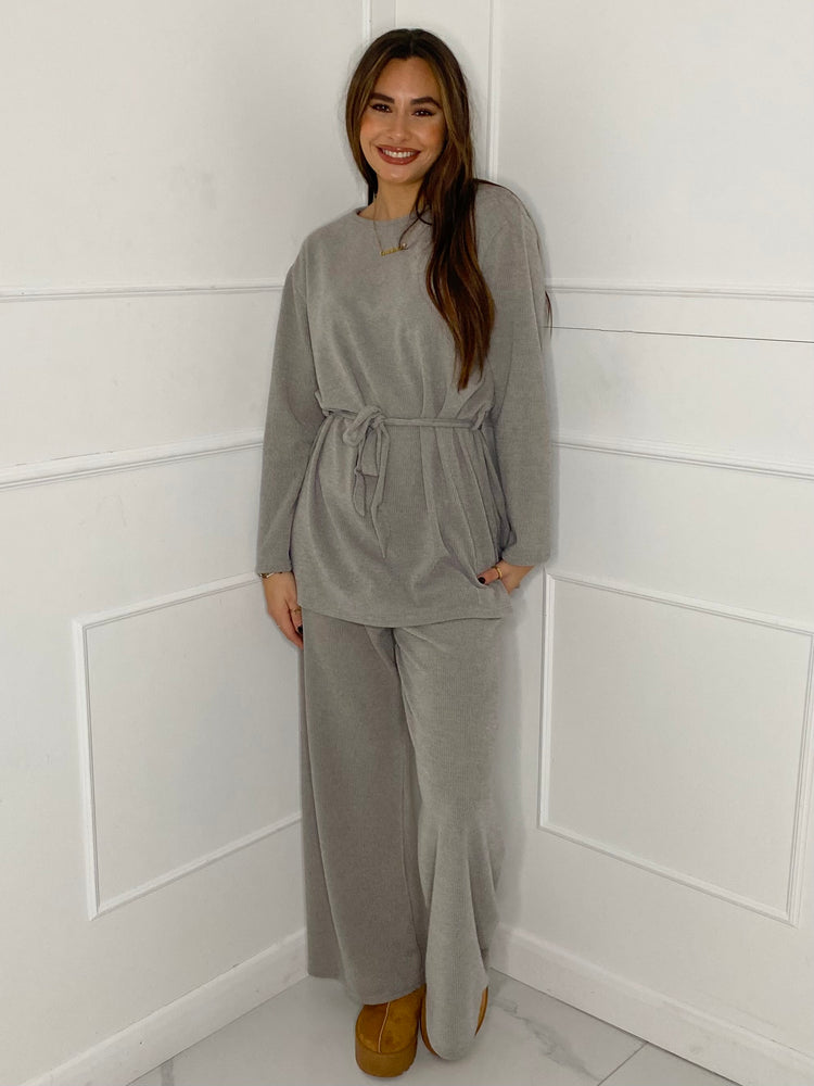 Belted Long Sleeve Top & Flares Set - Grey