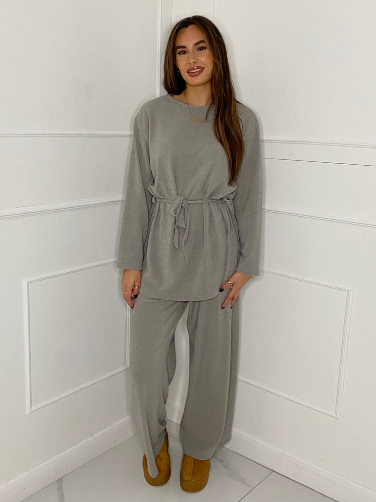 Belted Long Sleeve Top & Flares Set - Grey