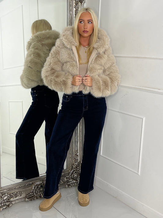 Hooded Faux Fur Jacket - Beige