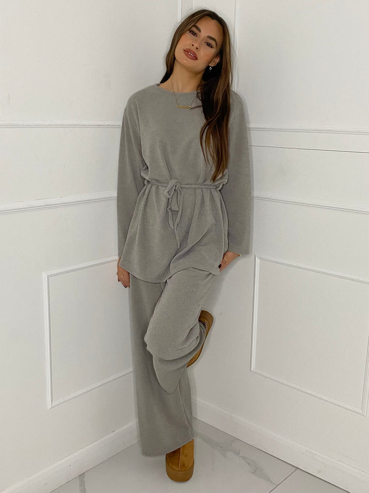 Belted Long Sleeve Top & Flares Set - Grey