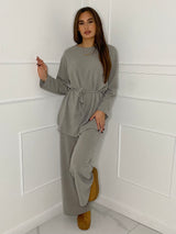 Belted Long Sleeve Top & Flares Set - Grey