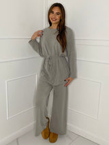 Belted Long Sleeve Top & Flares Set - Grey