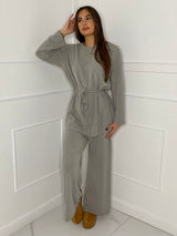 Belted Long Sleeve Top & Flares Set - Grey