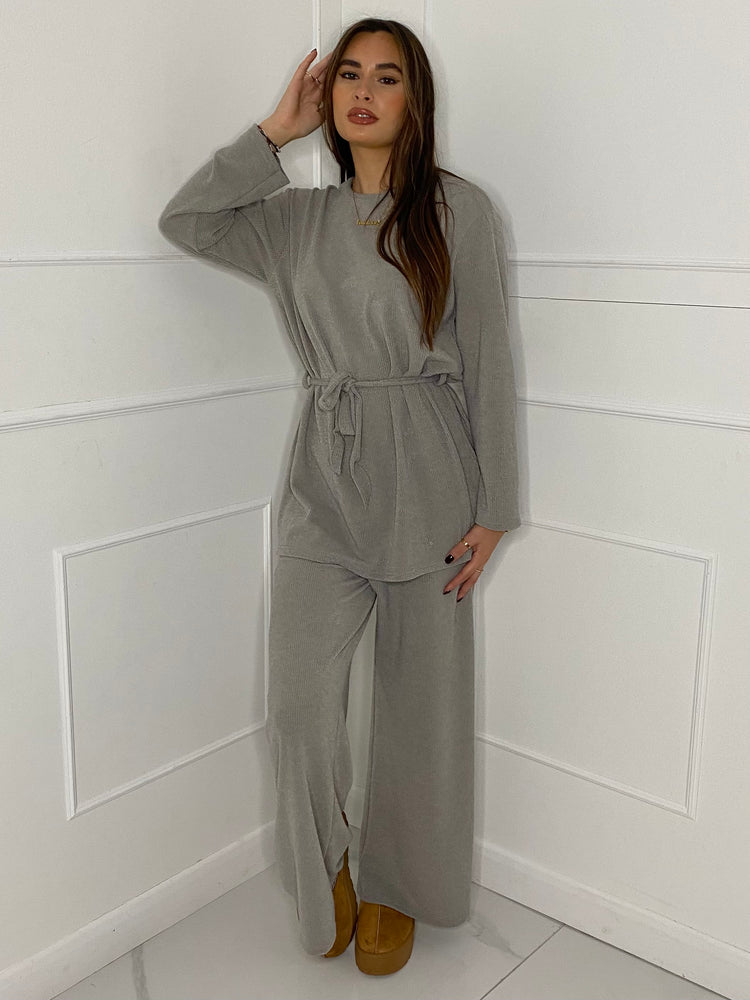 Belted Long Sleeve Top & Flares Set - Grey