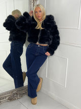 Hooded Faux Fur Tiered Jacket - Black