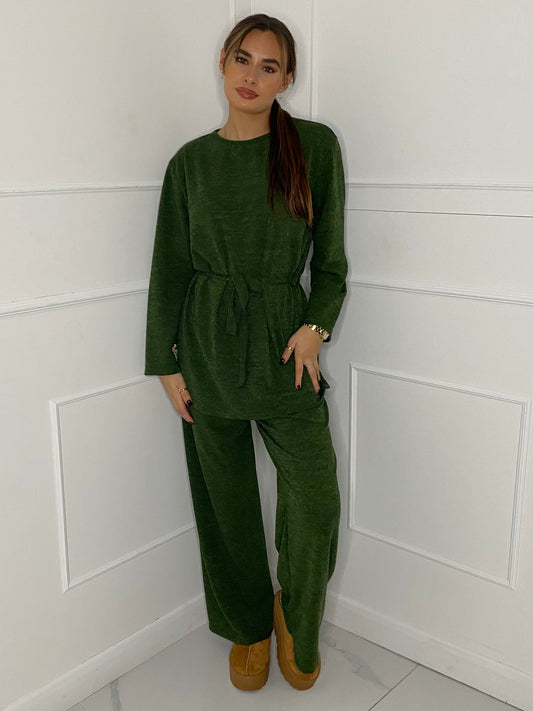 Belted Long Sleeve Top & Flares Set - Green