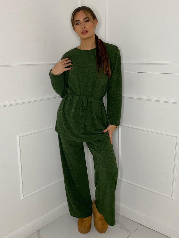 Belted Long Sleeve Top & Flares Set - Green