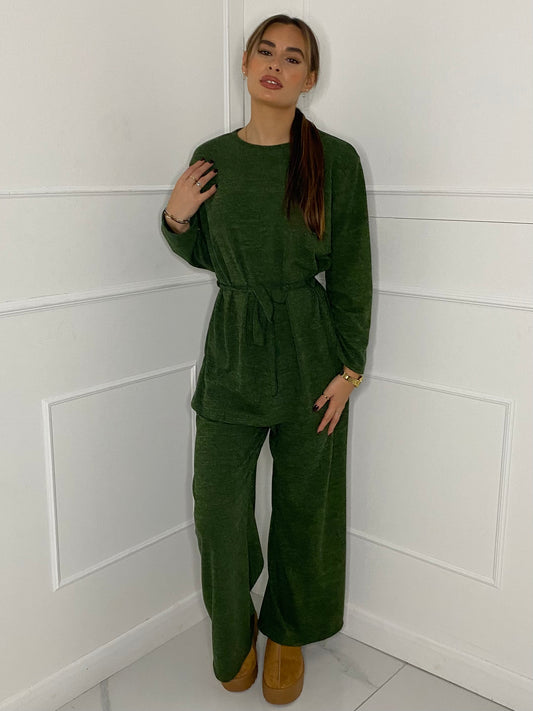 Belted Long Sleeve Top & Flares Set - Green