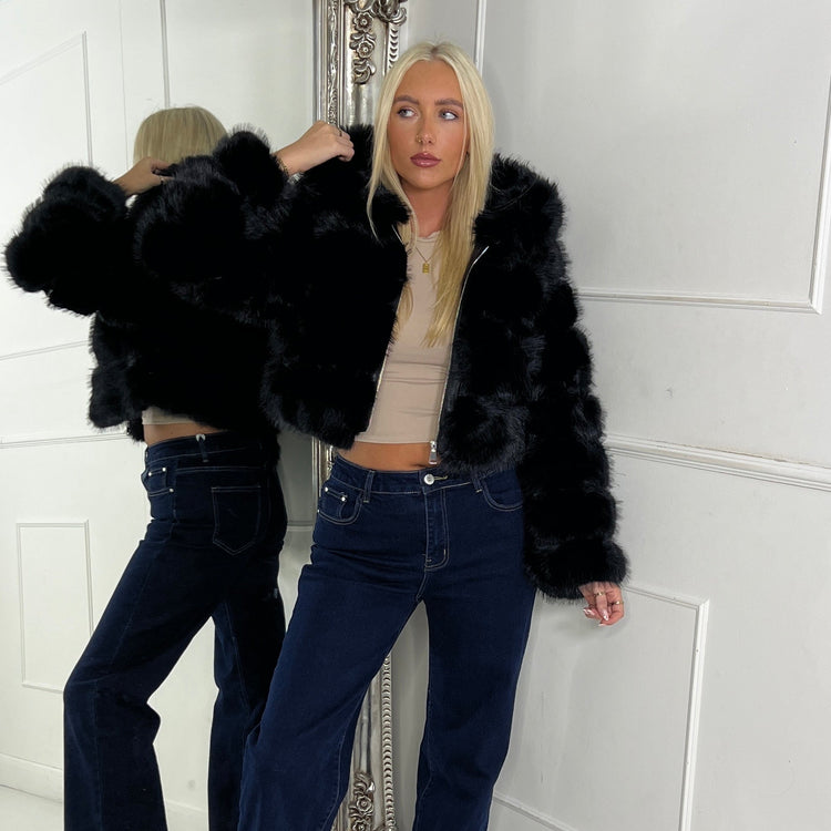 Hooded Faux Fur Tiered Jacket - Black