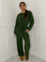 Belted Long Sleeve Top & Flares Set - Green