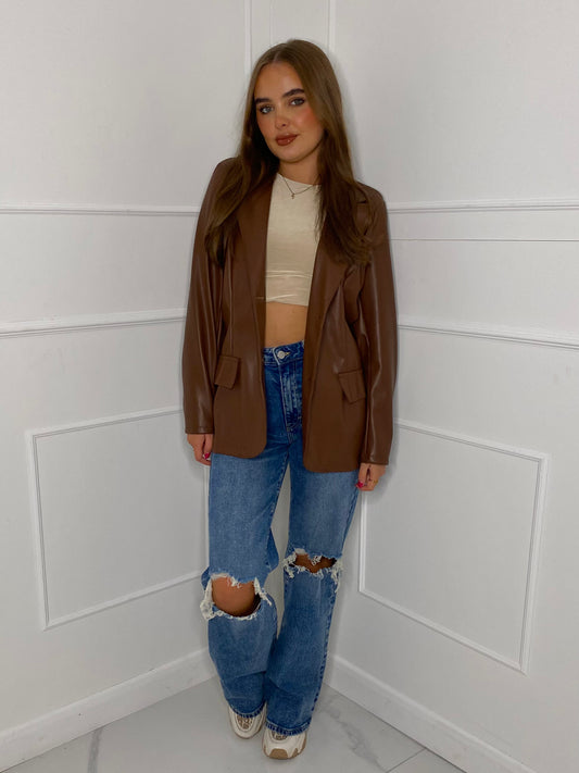 Oversized Leather Look Blazer - Brown