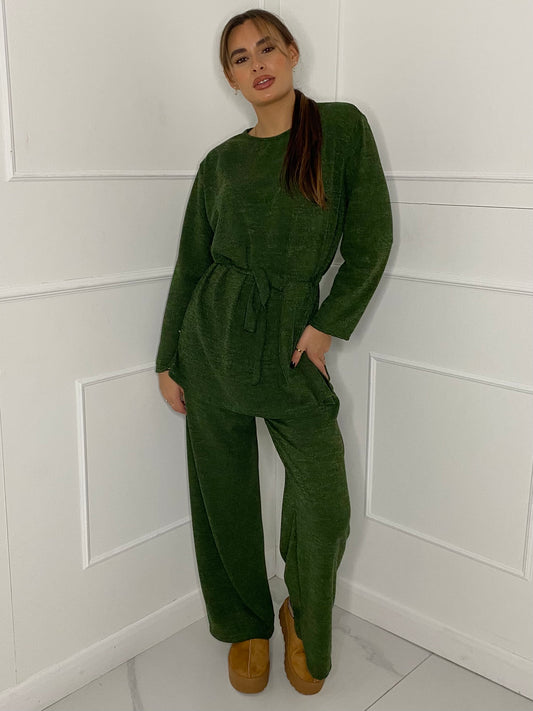 Belted Long Sleeve Top & Flares Set - Green