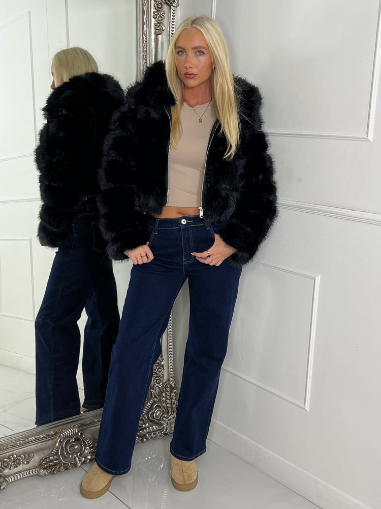 Hooded Faux Fur Tiered Jacket - Black