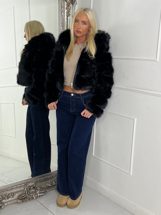Hooded Faux Fur Jacket - Black