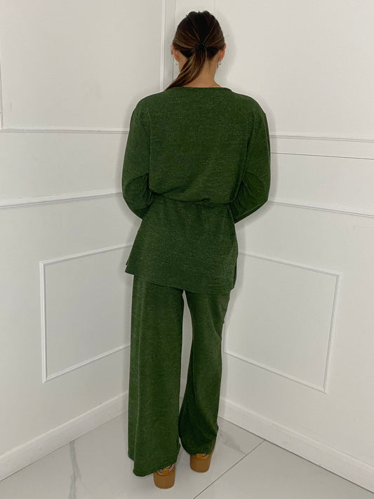 Belted Long Sleeve Top & Flares Set - Green