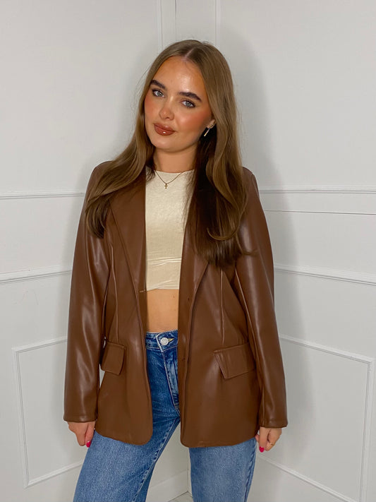 Oversized Leather Look Blazer - Brown