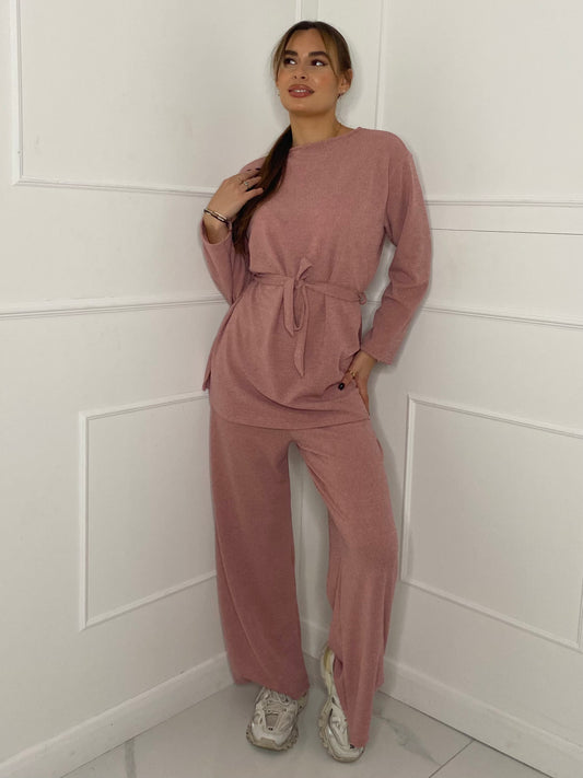 Belted Long Sleeve Top & Flares Set - Pink