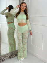 Lace Fitted Long Sleeve Top & Built In Knicker Lace Flares Co-Ord - Sage Green