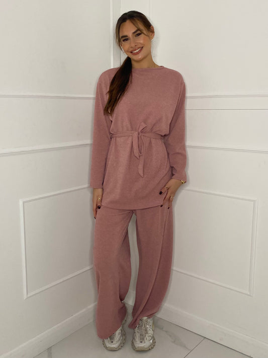 Belted Long Sleeve Top & Flares Set - Pink