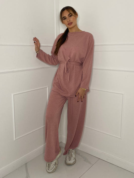 Belted Long Sleeve Top & Flares Set - Pink