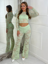 Lace Fitted Long Sleeve Top & Built In Knicker Lace Flares Co-Ord - Sage Green
