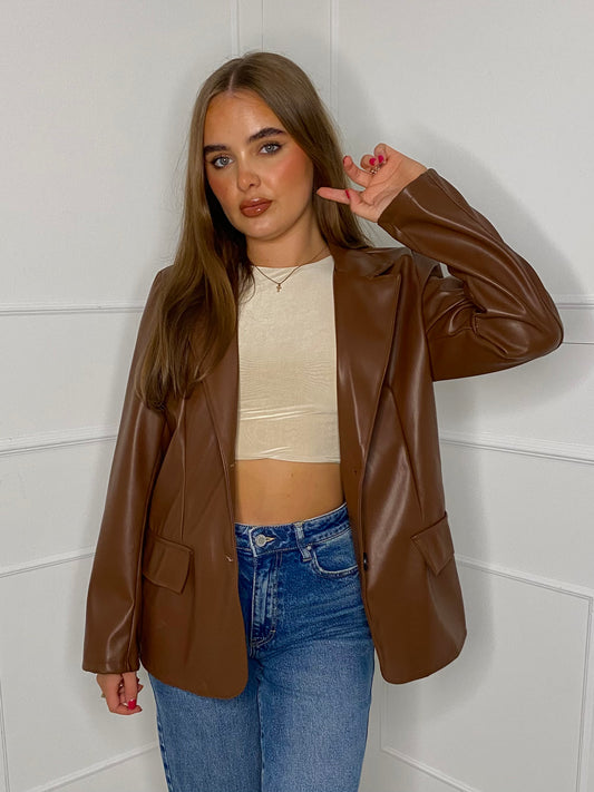 Oversized Leather Look Blazer - Brown