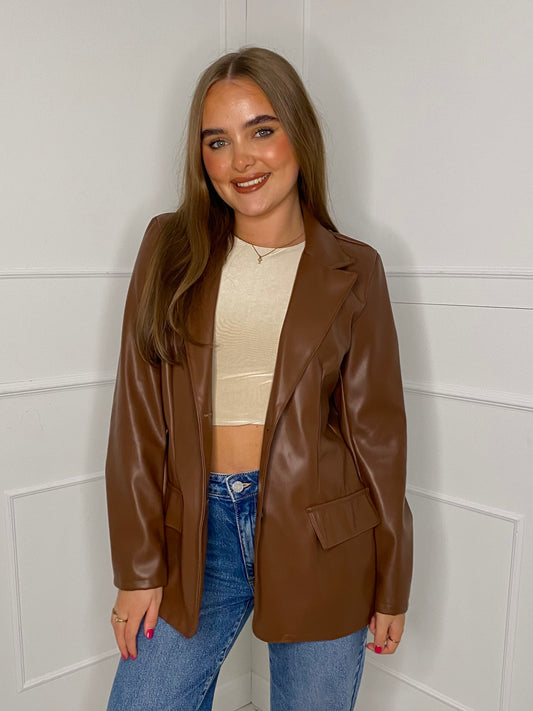 Oversized Leather Look Blazer - Brown