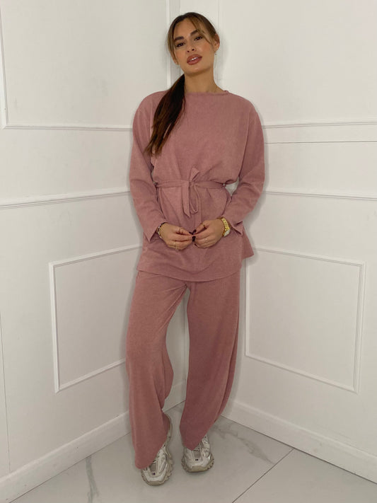 Belted Long Sleeve Top & Flares Set - Pink