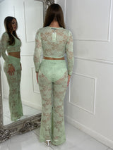 Lace Fitted Long Sleeve Top & Built In Knicker Lace Flares Co-Ord - Sage Green