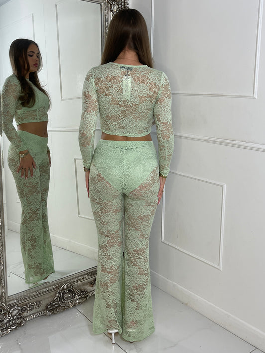 Lace Fitted Long Sleeve Top & Built In Knicker Lace Flares Co-Ord - Sage Green
