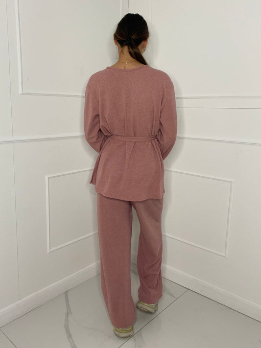 Belted Long Sleeve Top & Flares Set - Pink