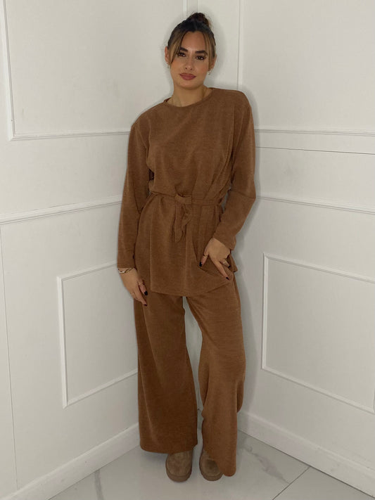 Belted Long Sleeve Top & Flares Set - Beige