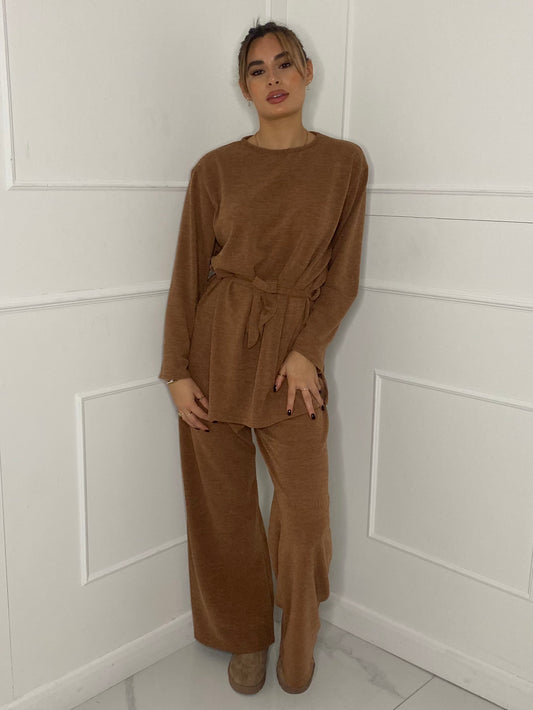 Belted Long Sleeve Top & Flares Set - Beige