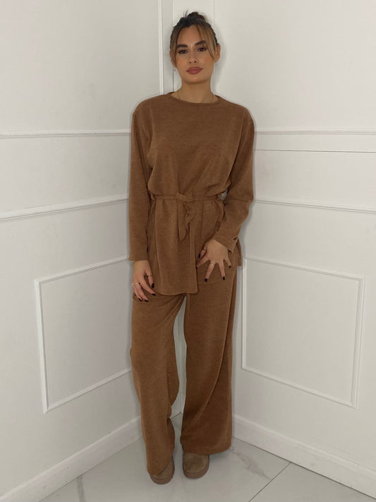 Belted Long Sleeve Top & Flares Set - Beige