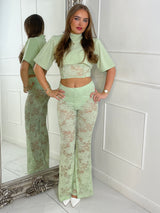Padded Shoulder Cropped Tee With Lace Bra Underlayer & Built In Knicker Lace Flares Co-Ord - Sage Green