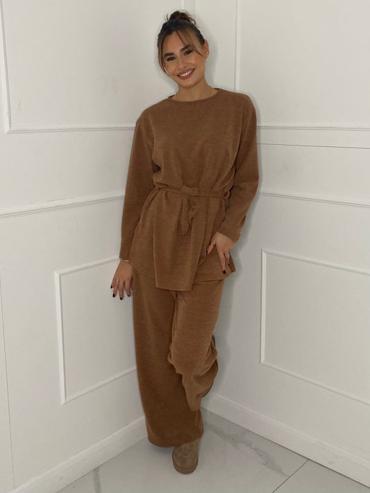 Belted Long Sleeve Top & Flares Set - Beige