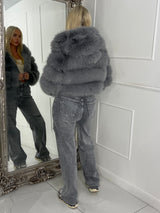 Hooded Faux Fur Tiered Jacket - Grey