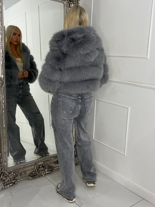 Hooded Faux Fur Jacket - Grey