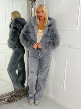 Hooded Faux Fur Tiered Jacket - Grey