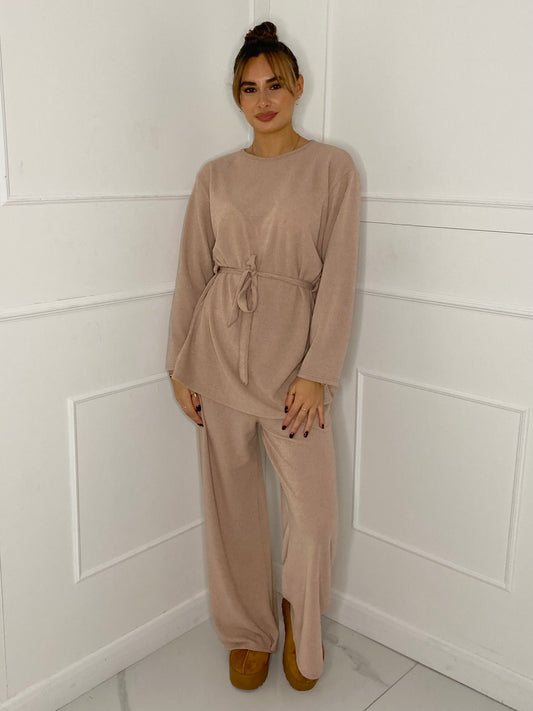 Belted Long Sleeve Top & Flares Set - Cream